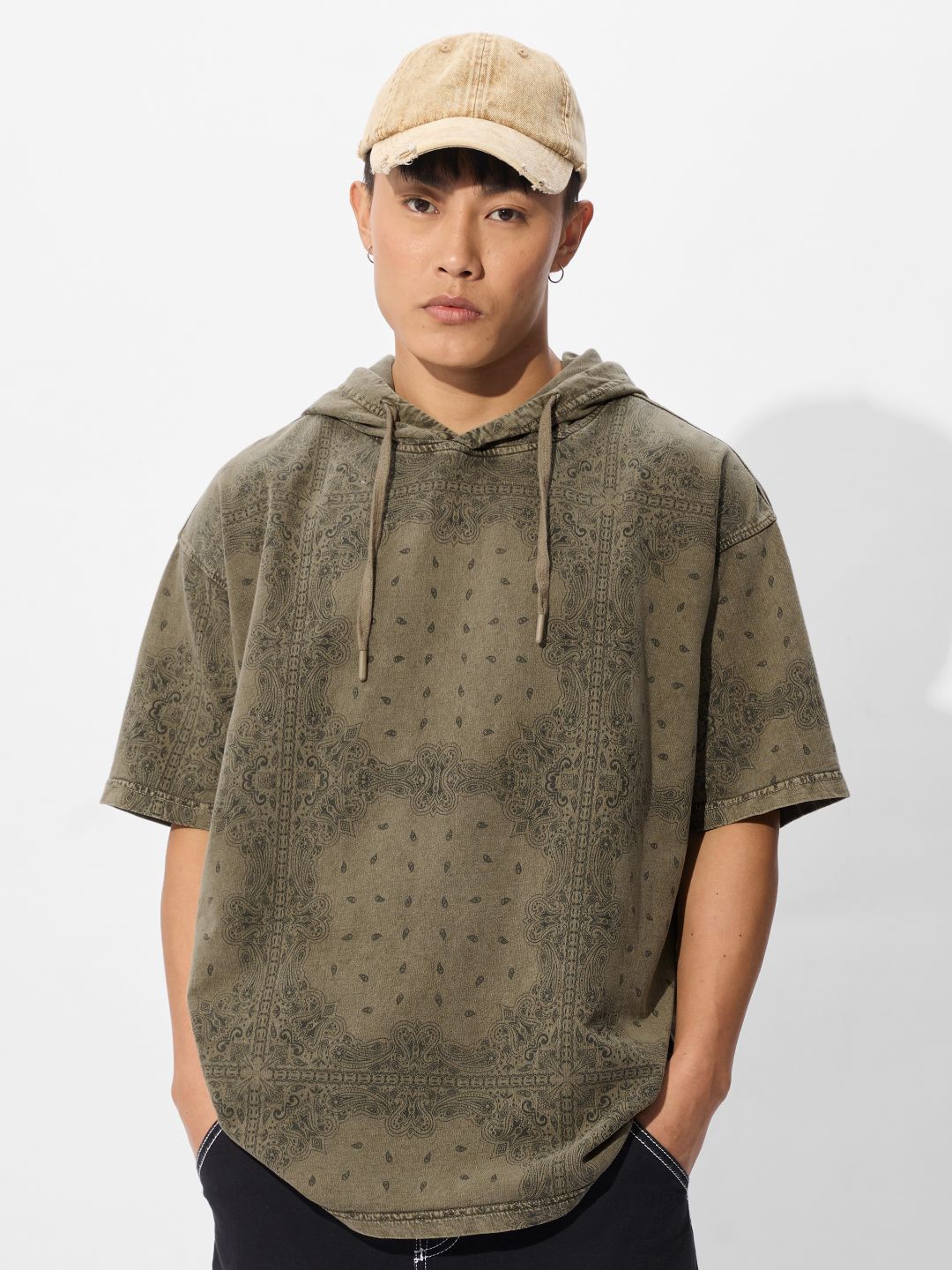 

The Souled Store Men Graphic Printed Hood Cotton Oversized T-shirt, Olive