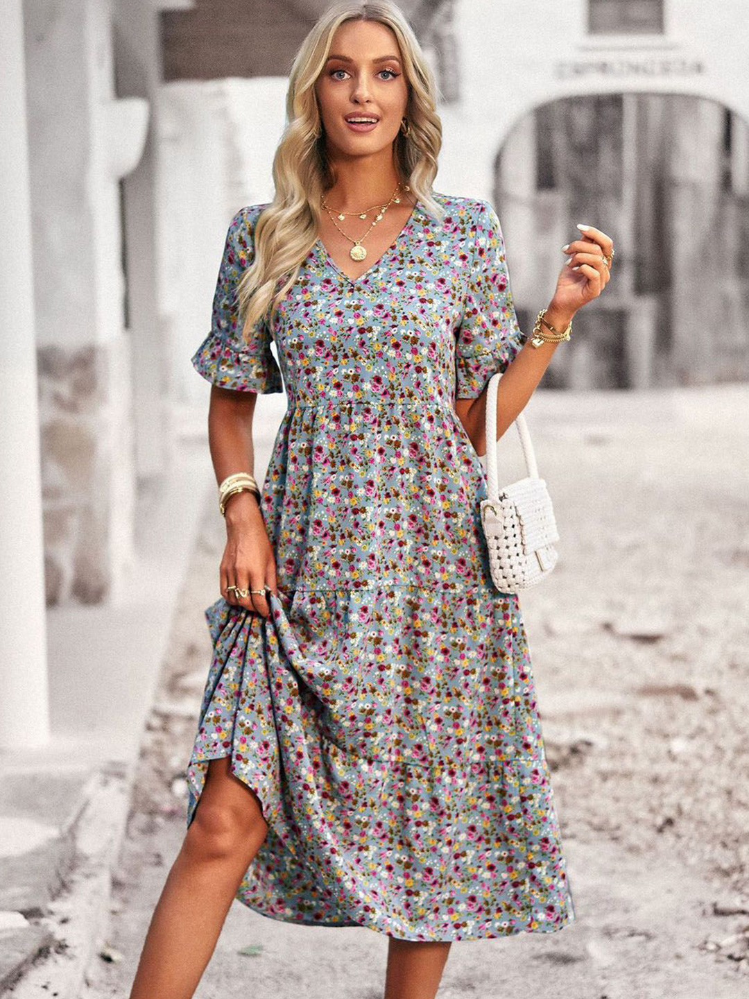 

StyleCast Women Floral Printed Gathered A-Line Midi Dress, Grey