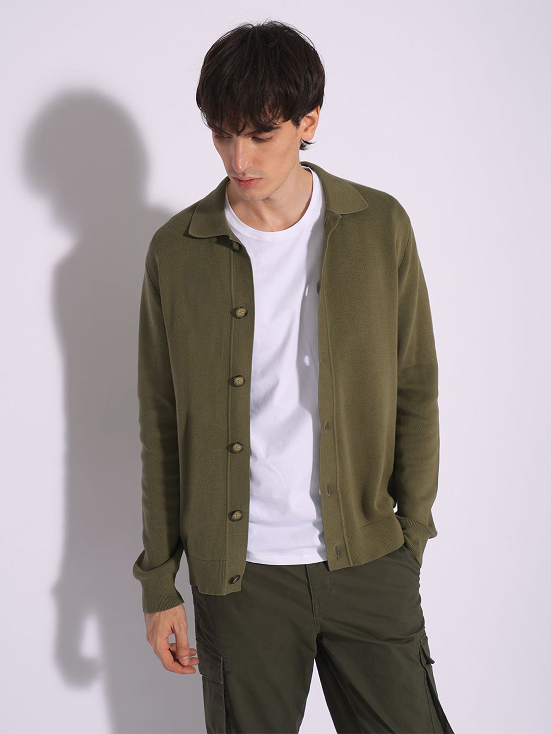 

SELECTED Men Organic Cotton Solid Front-Open Sweaters, Olive