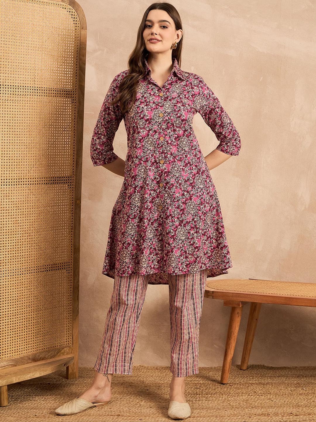 

ANEKYA Floral Printed Shirt Collar Pure Cotton Tunic With Trouser, Pink