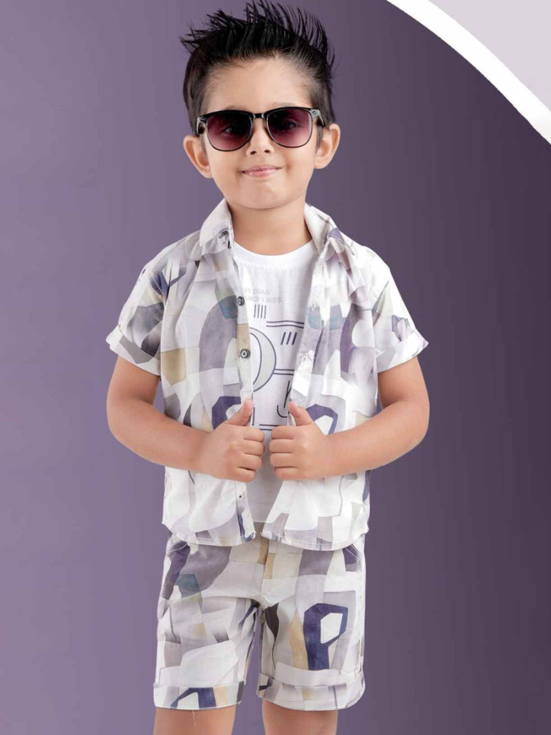 

Lagorii Boys Printed Pure Cotton Shirt and Short, Grey