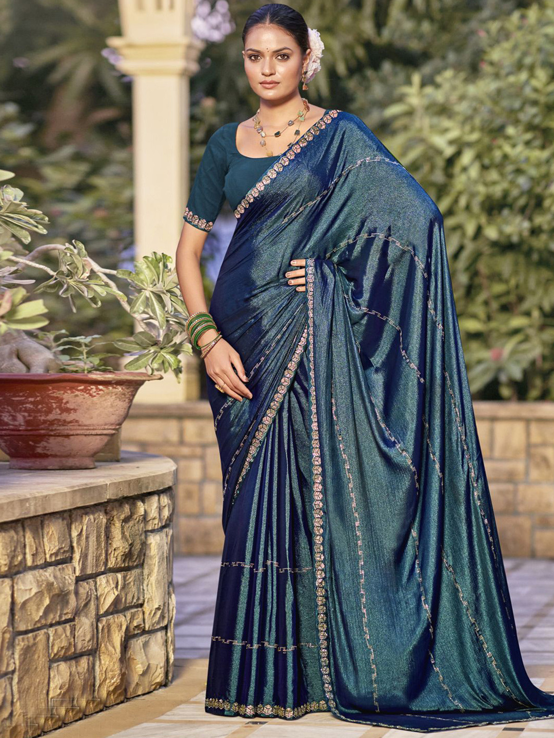 

Stylee LIFESTYLE Embellished Beads and Stones Designer Saree, Teal