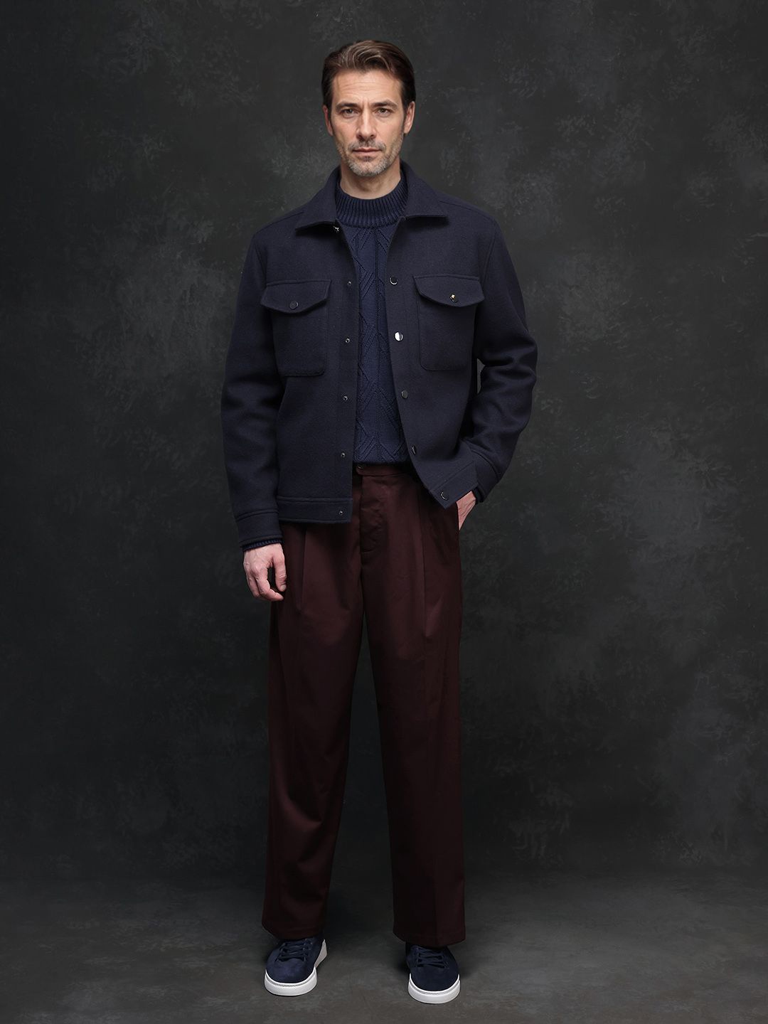 

RARE RABBIT Men Cotton Duster Jacket with Patchwork, Navy blue