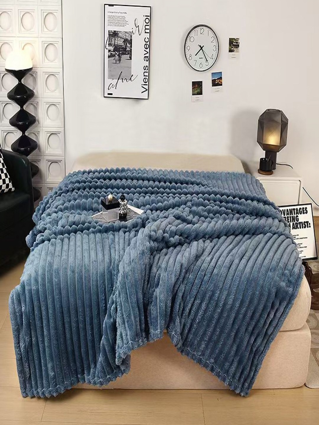 

JC HOME Navy Blue Striped AC Room 300 GSM Double Bed Blanket