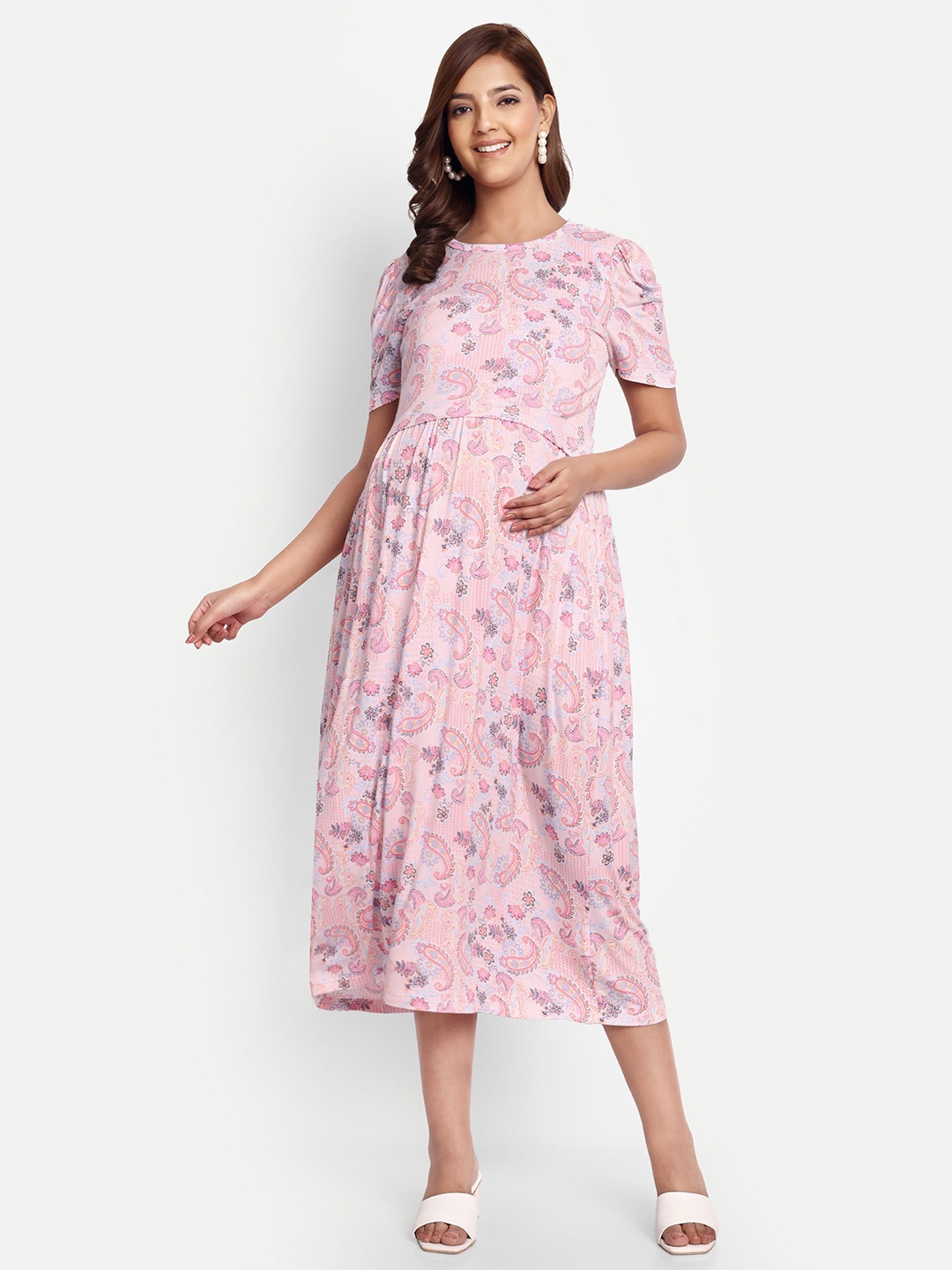 

THOTTIL Women Floral Printed Maternity Cotton Fit & Flare Midi Dress, Pink