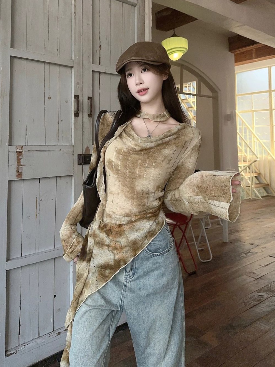 

StyleCast x Revolte Women Tie and Dye Printed Cowl Neck Top, Beige