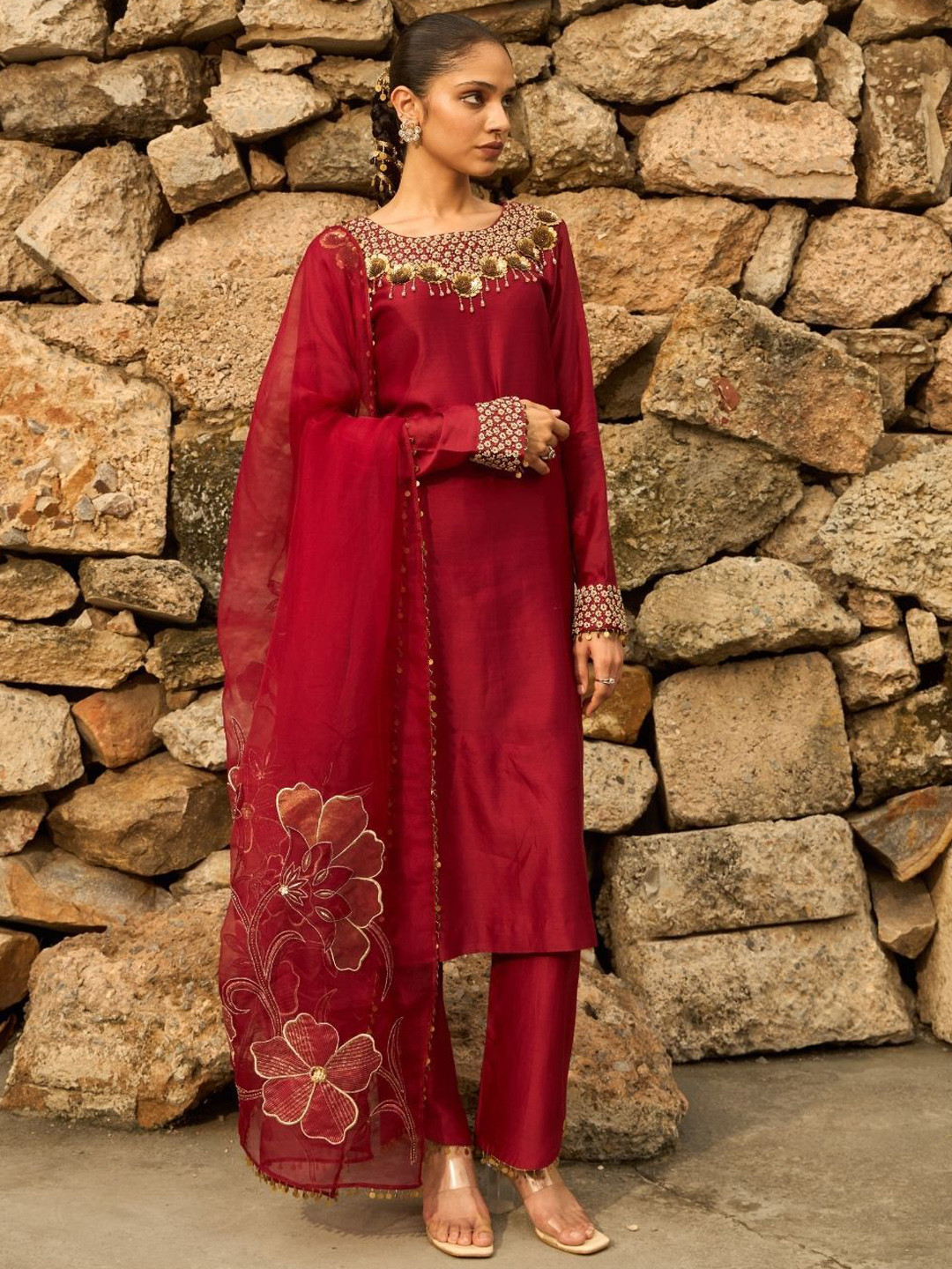 

Shreeka Women Embroidered Kurta With Trousers & Dupatta, Red