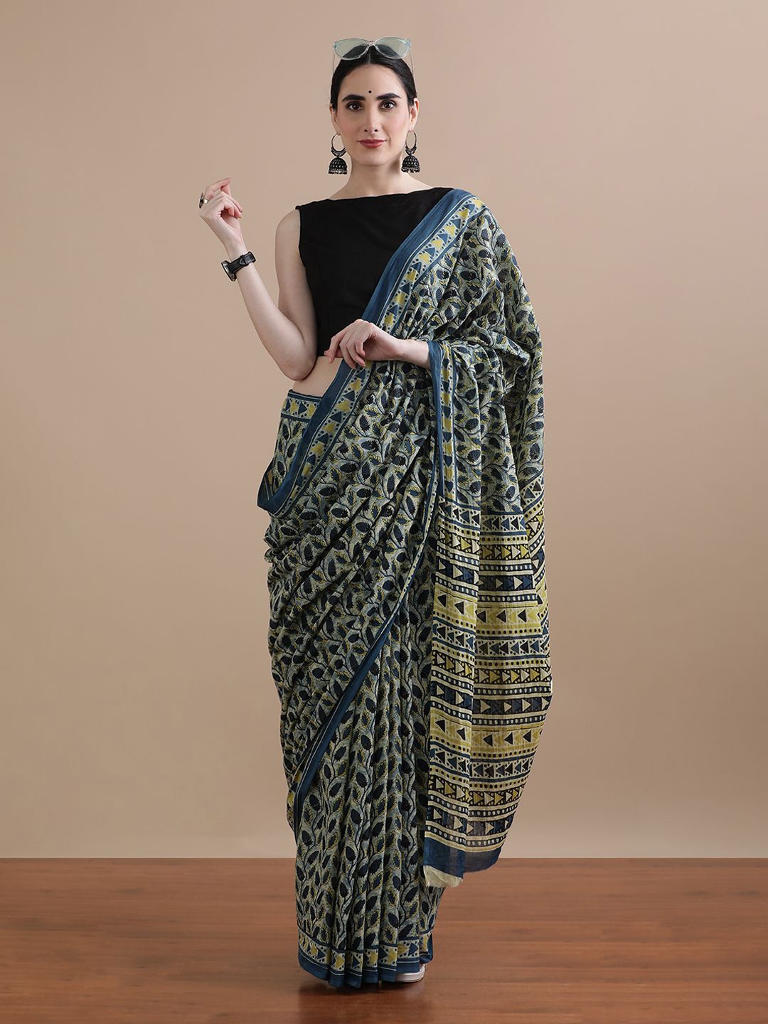 

Jaipur Kurti Abstract Printed Pure Cotton Saree, Green