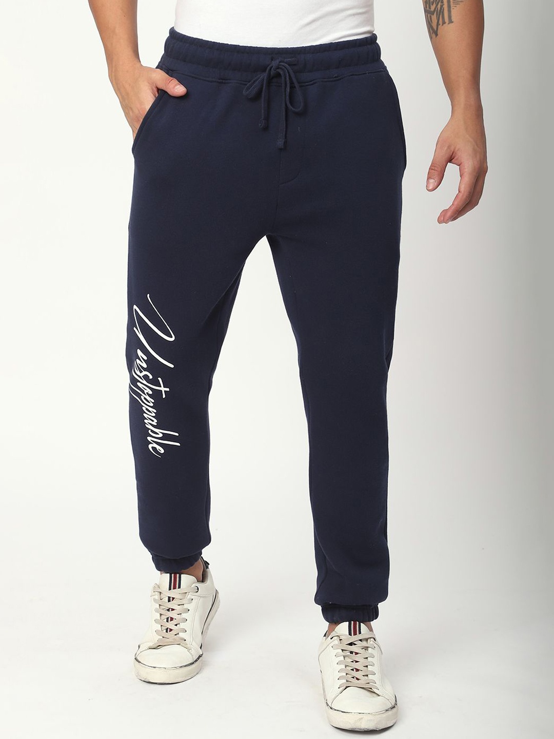 

R&B Men Cotton Typography Printed Mid-Rise Joggers, Navy blue