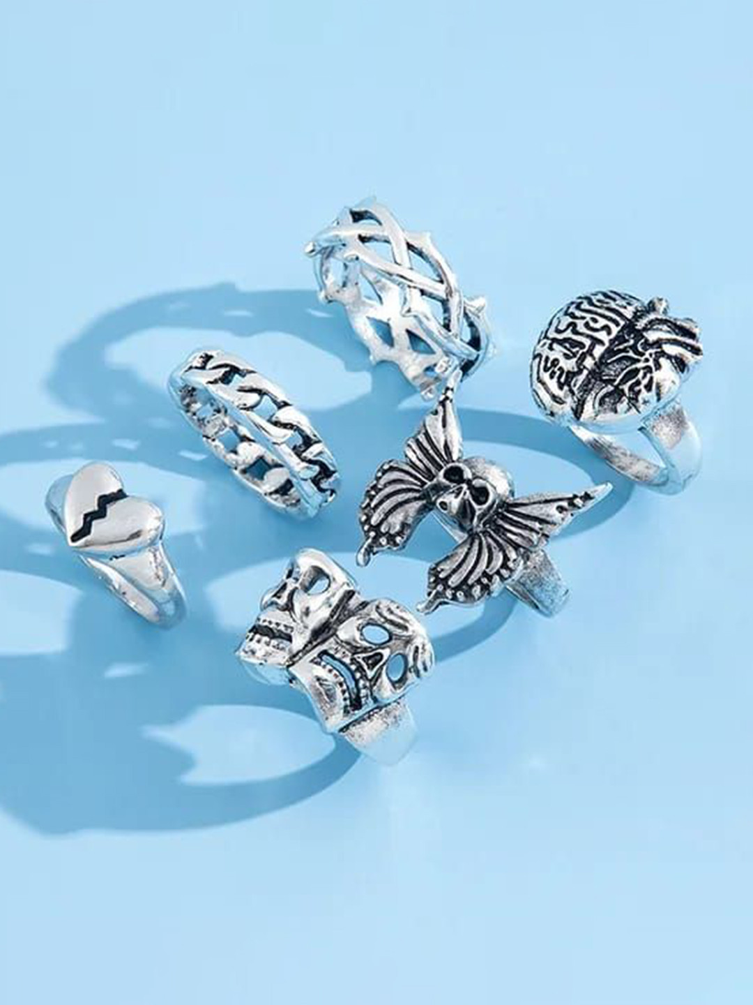 

YU FASHIONS Set Of 6 Silver-Plated Stainless Steel Finger Rings