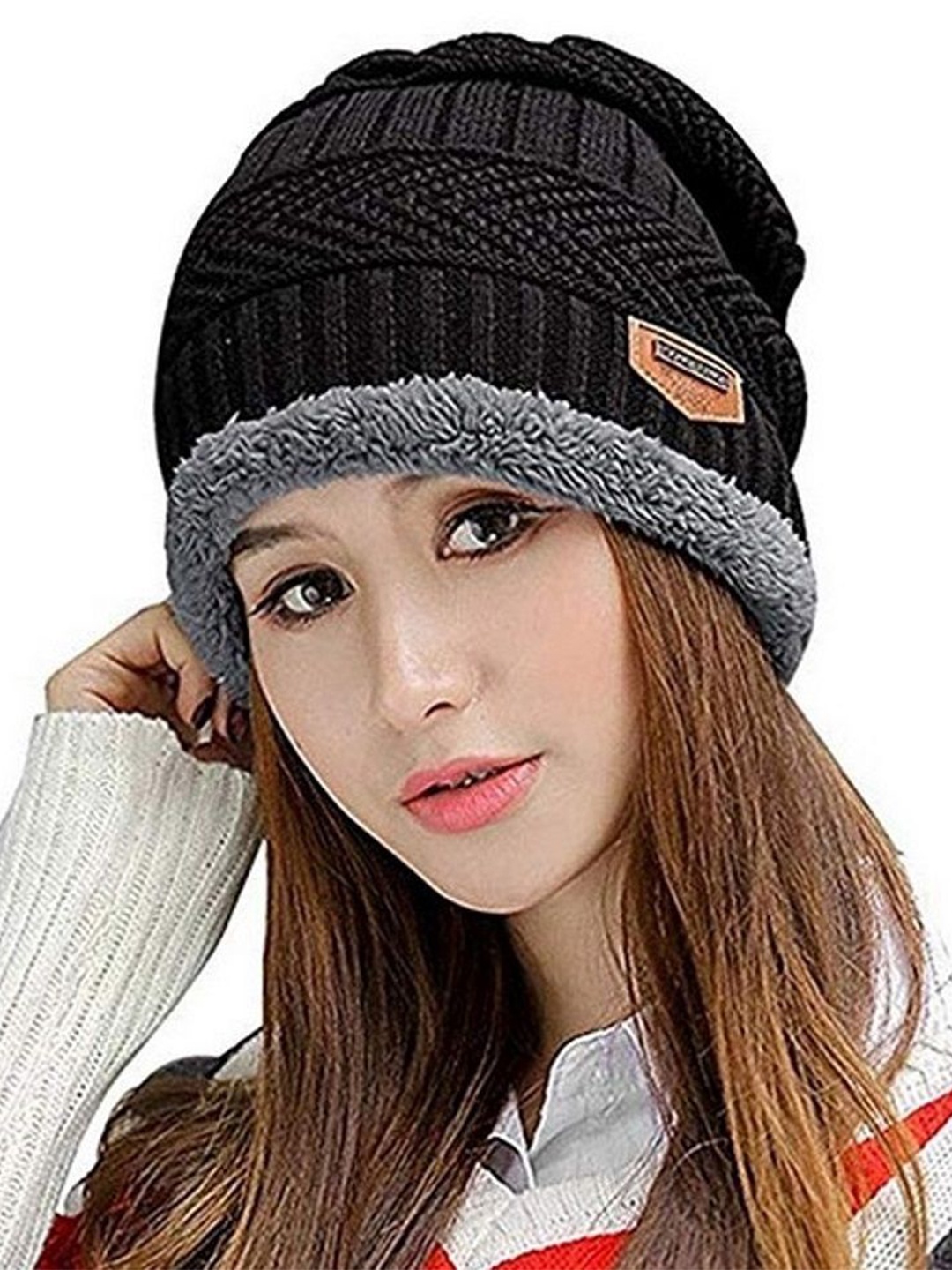

Alexvyan Women Winter Self Design Snow & Wind Proof Beanie, Black