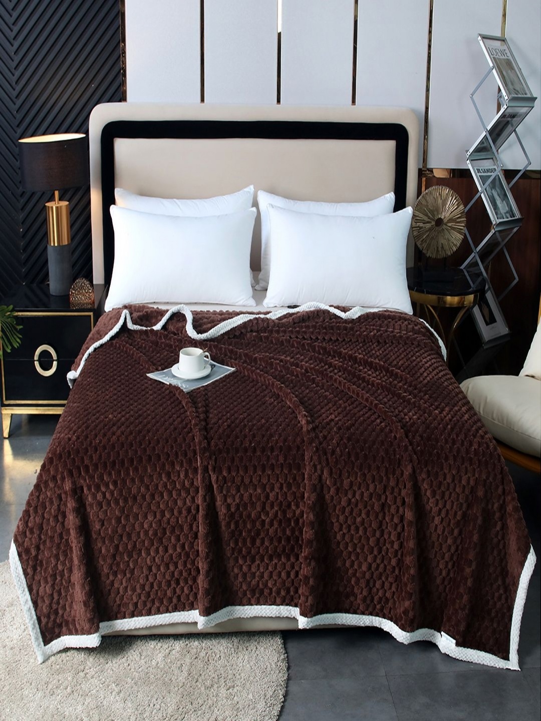 

JC HOME Coffee Brown & White Geometric AC Room 300 GSM Double Bed Blanket