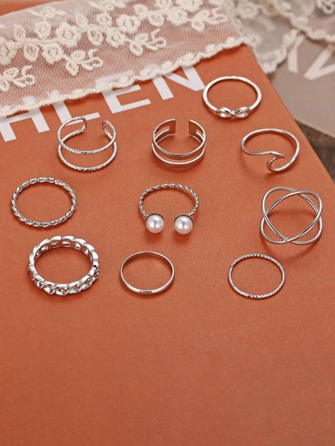 

YU FASHIONS Set Of 10 Silver-Plated Cross Infinity Stainless Steel Finger Ring