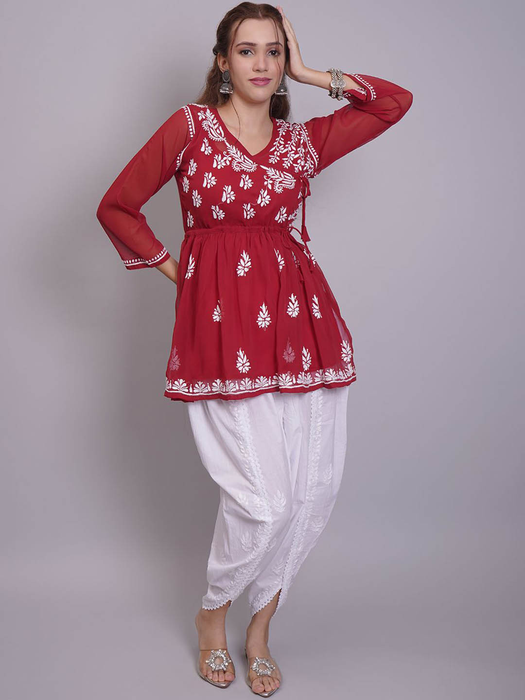 

Seva Chikan Ethnic Motifs Embroidered Angrakha Chikankari A Line Kurti with Dhoti Pants, Maroon