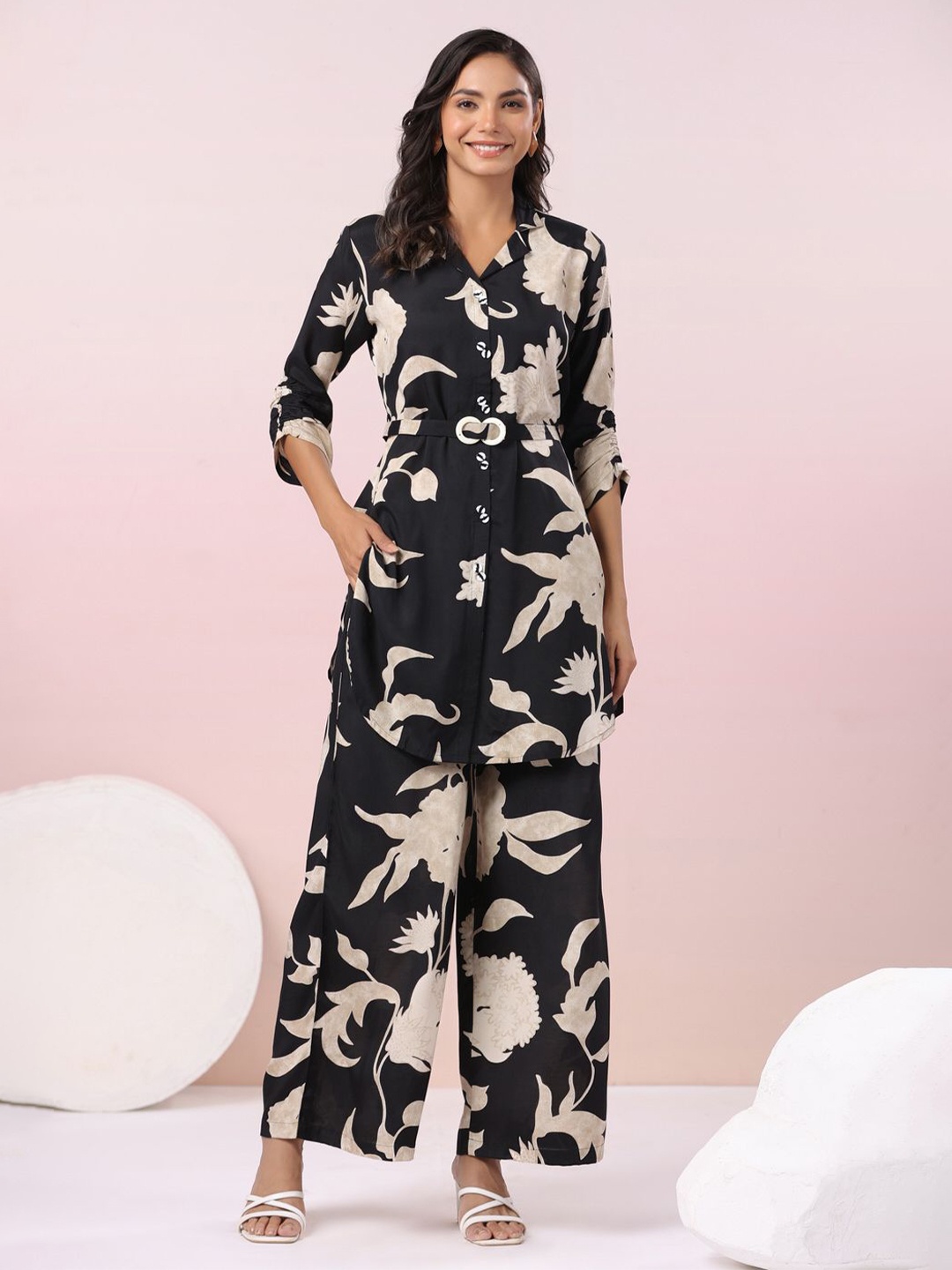 

JISORA Floral Printed Pure Silk Tunic & Trouser, Black