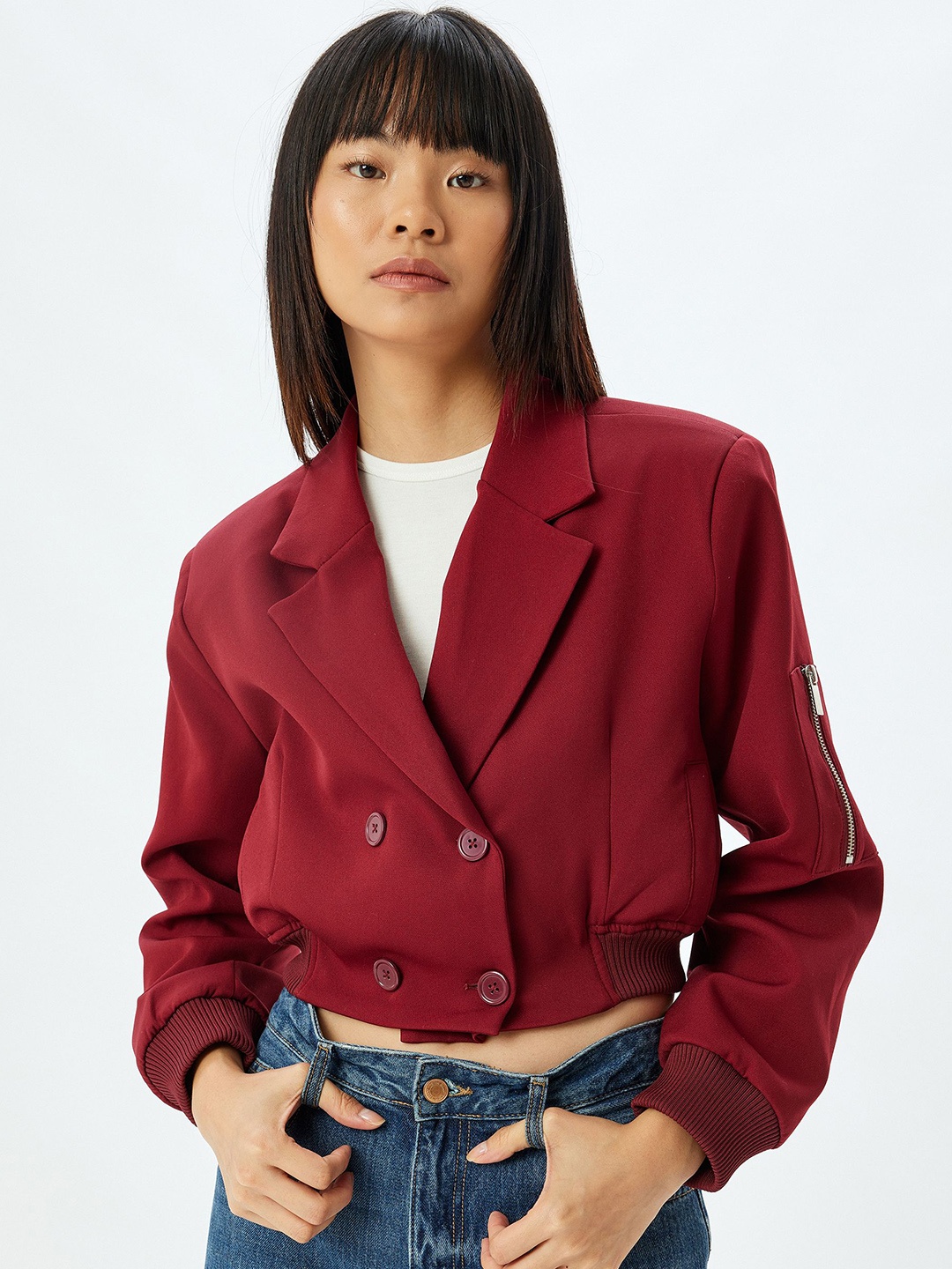 

Koton Women Lapel Collar Crop Woven Jacket, Maroon