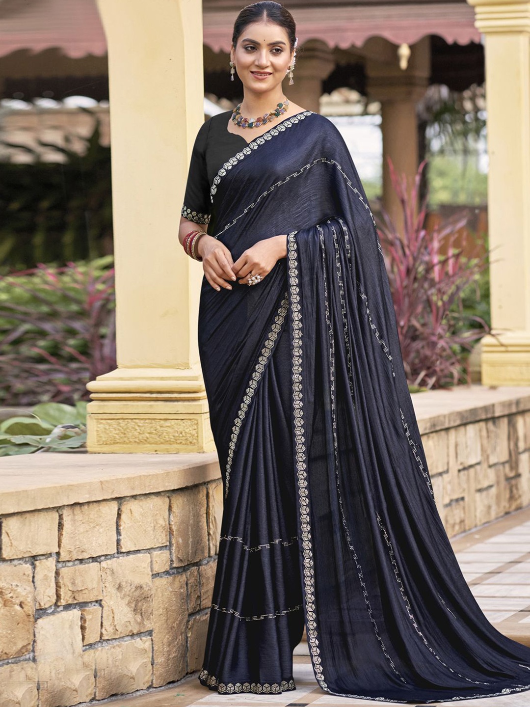 

Stylee LIFESTYLE Beads & Stones Embellished Saree, Navy blue