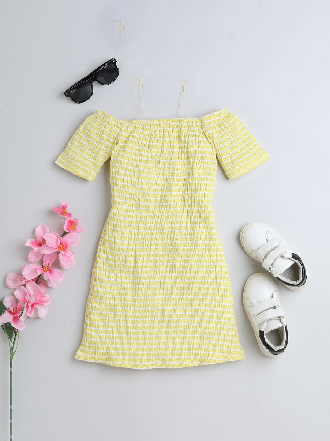 

taffykids Girls Striped Off-Shoulder Pure Cotton A-Line Dress, Yellow
