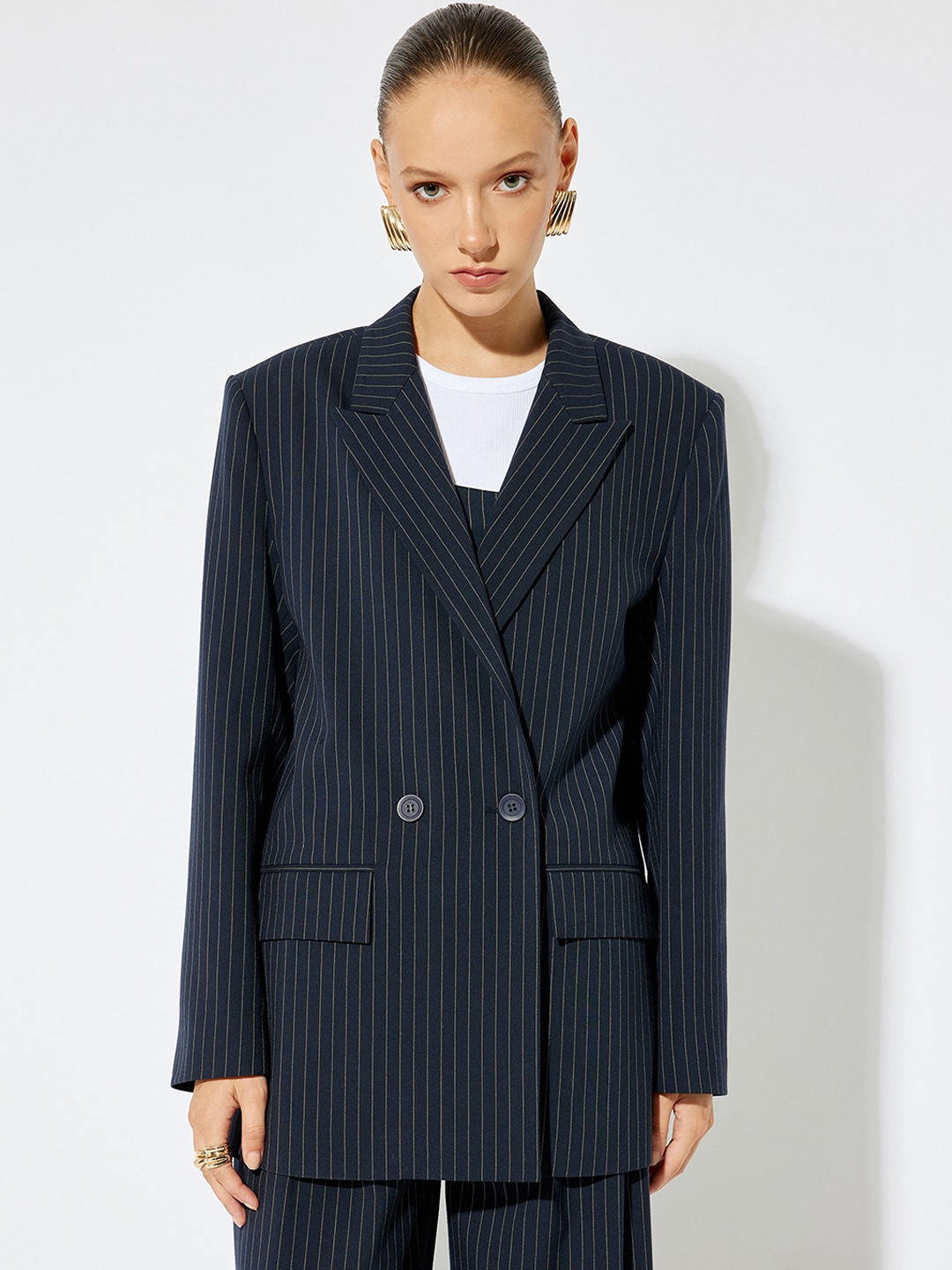 

Koton Women Striped Crop Tailored Jacket, Blue