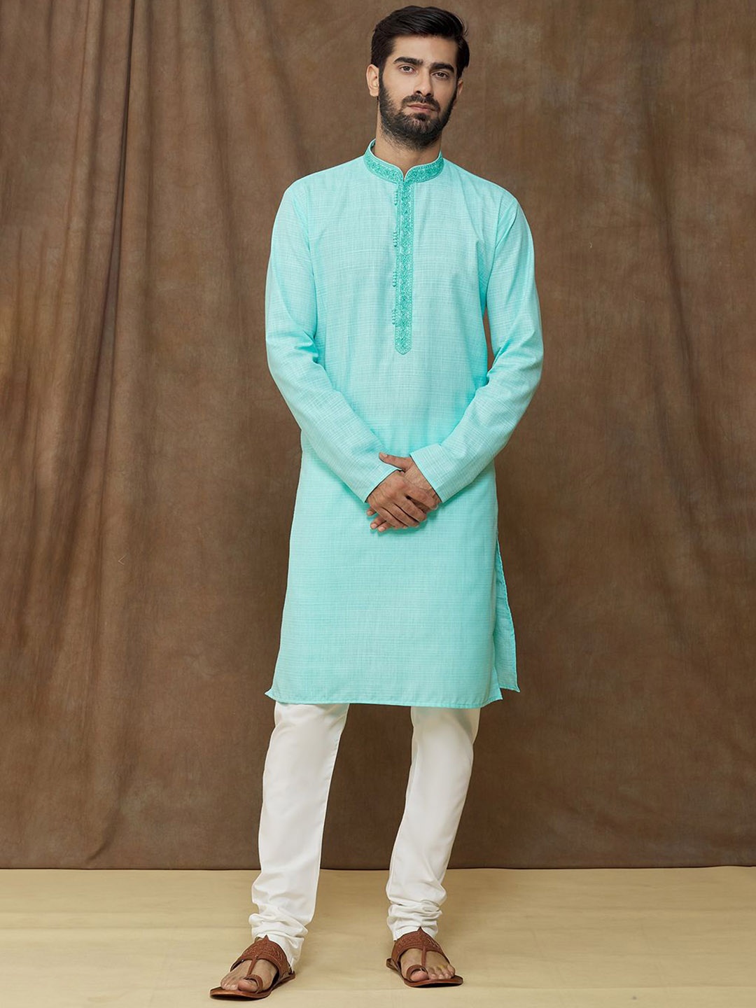

Samyukta Singhania Striped Thread Work Mandarin Collar Straight Kurta With Churidar, Blue