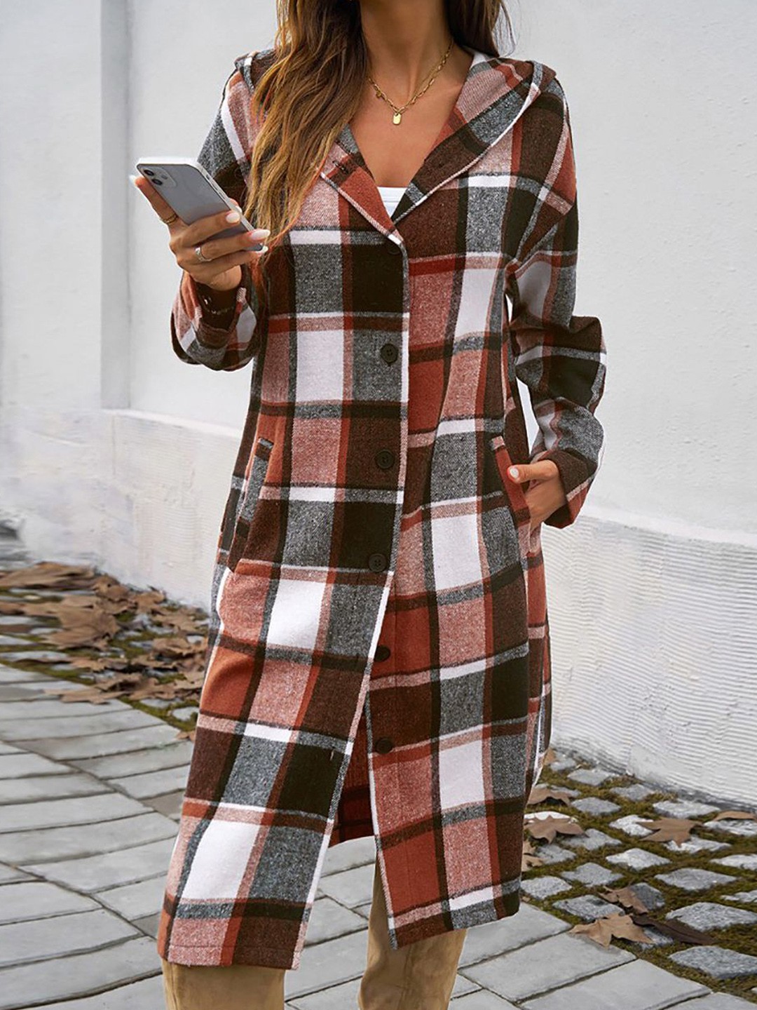

StyleCast x Revolte Women Checked Stand Collar Long Sleeves Overcoat, Red