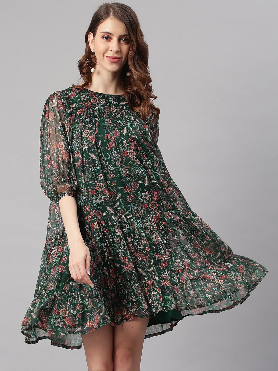 

KALINI Women Floral Printed Gathered or Pleated Fit & Flare Dress, Green