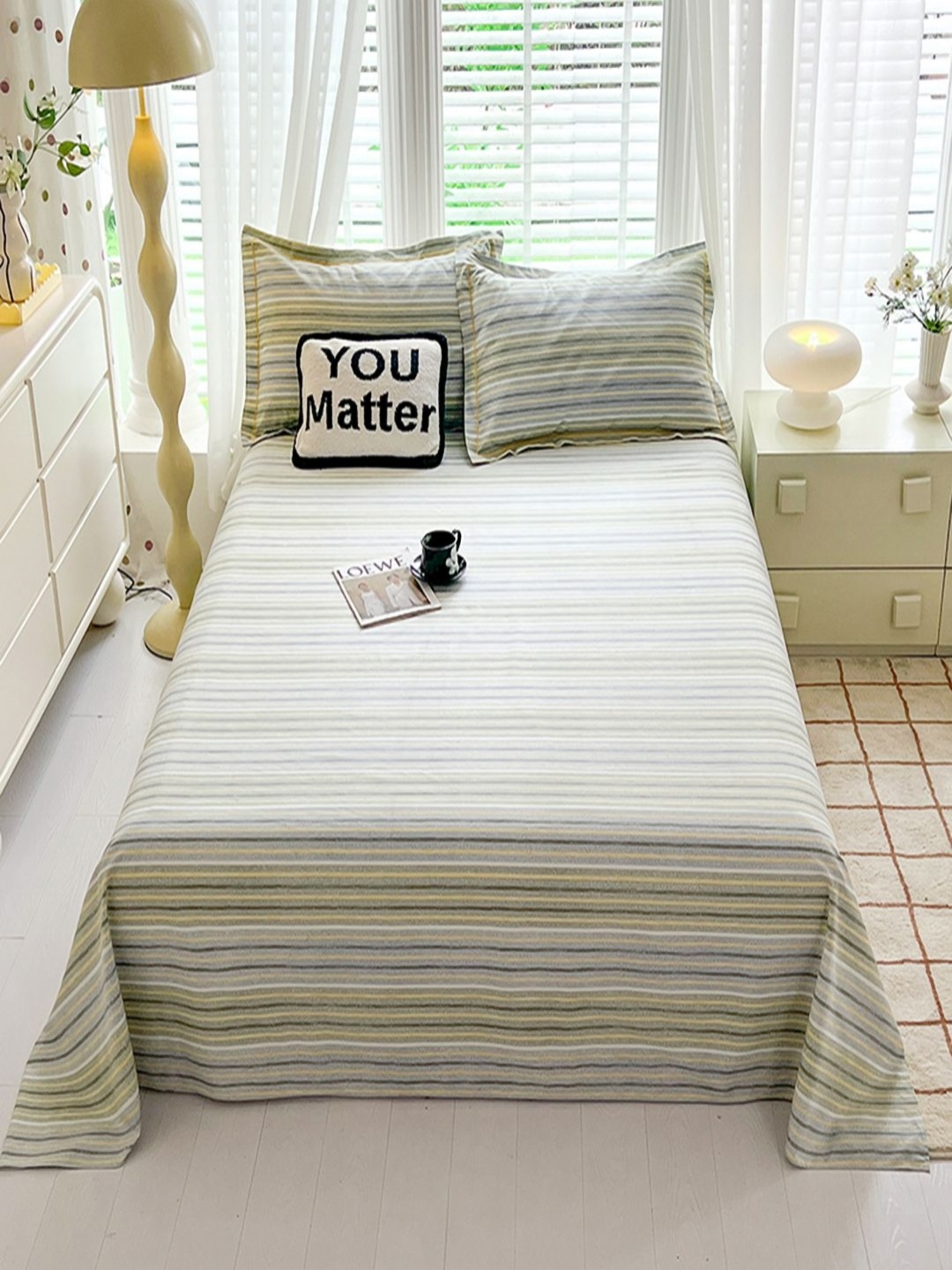 

JC HOME Green & White Striped Pure Cotton 230 TC Queen Bedsheet Set 2.30 m x 2.00 m