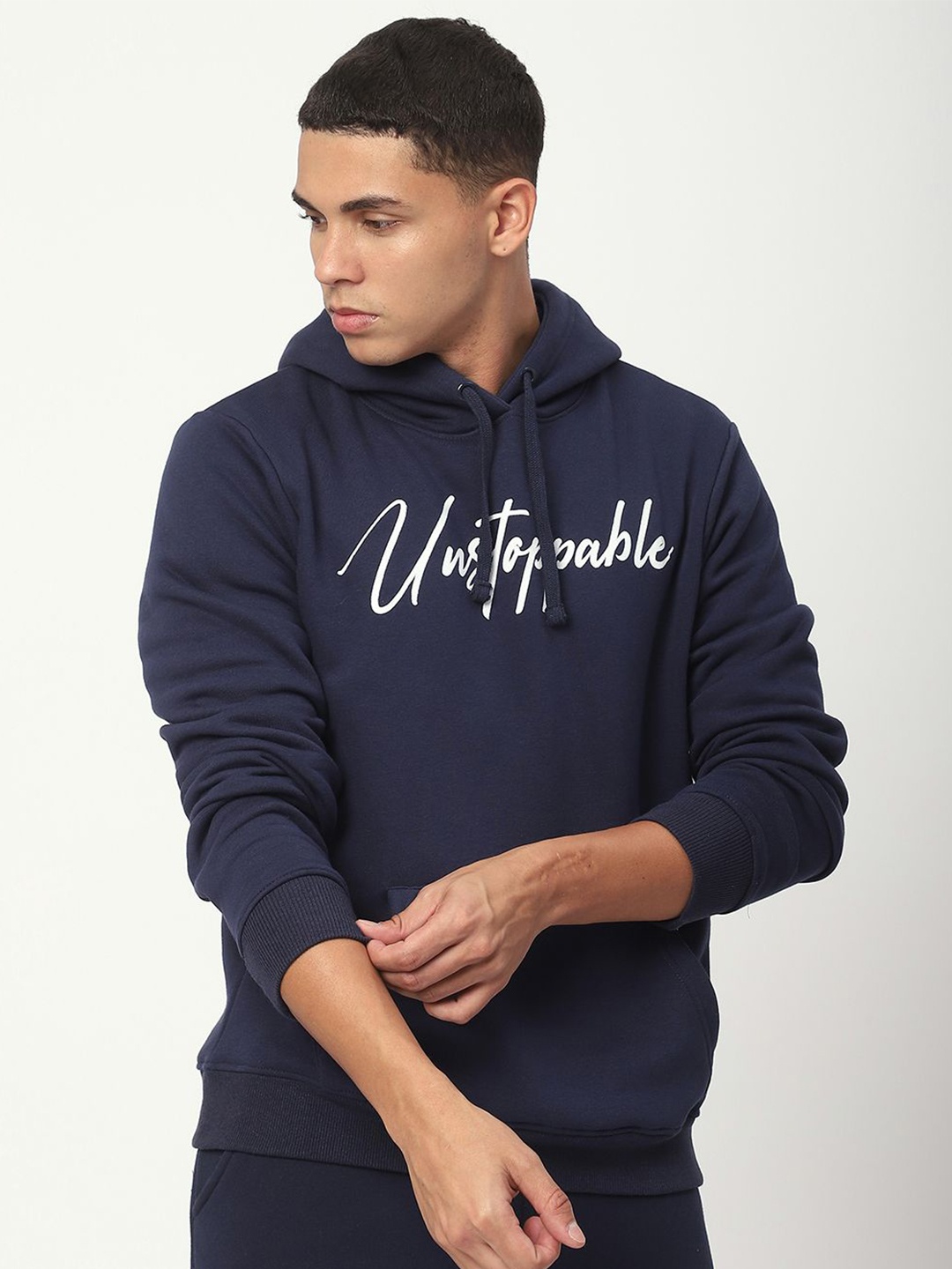 

R&B Men Printed Hooded Sweatshirt, Navy blue