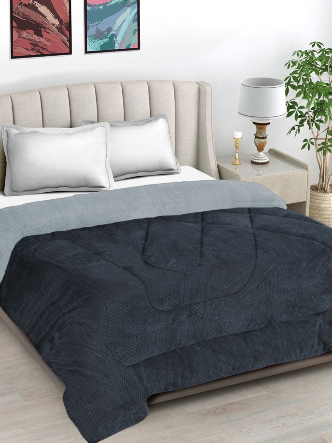 

FABINALIV Grey & Black Geometric 950 GSM Woollen Heavy Winter Double Bed Quilt