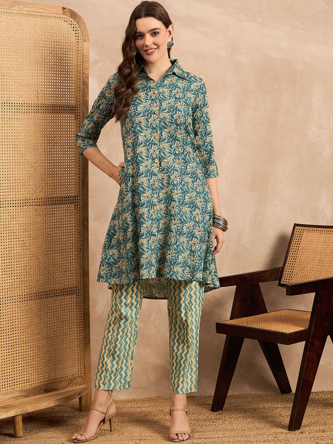 

ANEKYA Printed Pure Cotton Tunic With Trousers, Blue