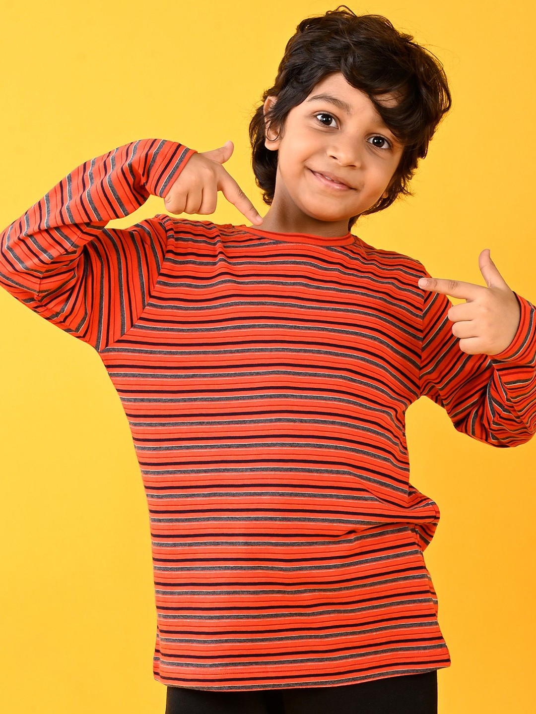 

Anthrilo Boys Striped Round Neck Cotton T-shirt, Orange