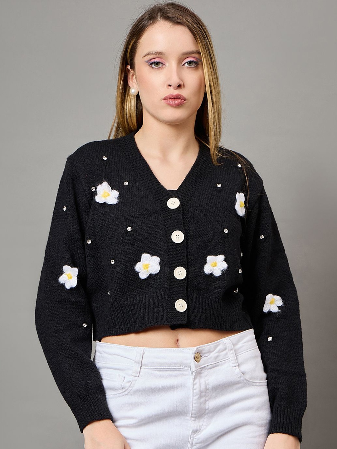 

KASMA Women Self Design Floral Woollen Crop Cardigan, Black