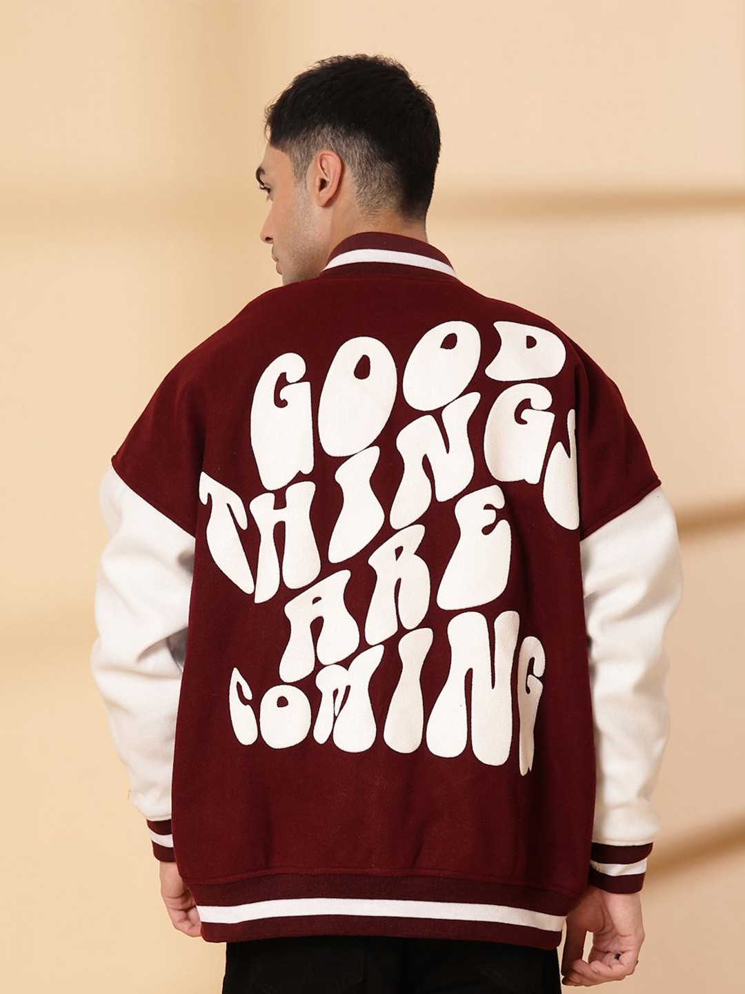 

CHKOKKO Men Stand Collar Typography Printed Fleece Casual Varsity Jacket, Red