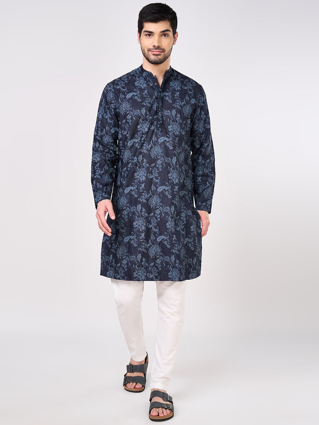 

indus route by Pantaloons Floral Printed Mandarin Collar Straight Kurta, Teal