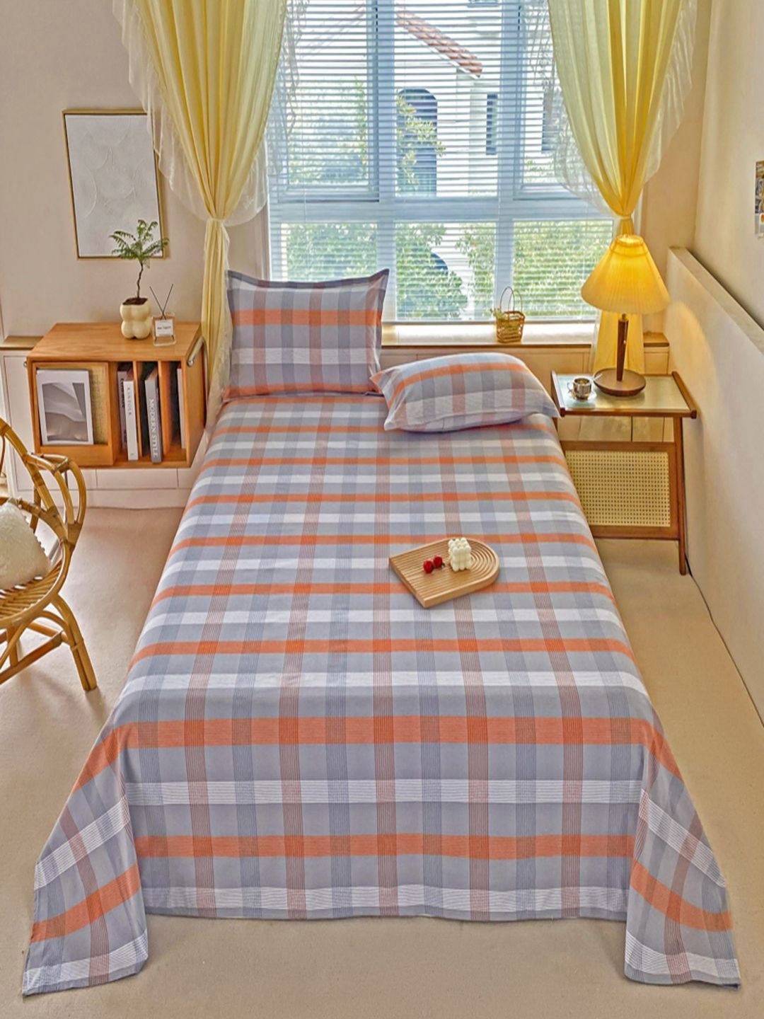 

JC HOME Grey & Orange Colored Checked 230 TC King Bedsheet Set 2.3 x 2 m