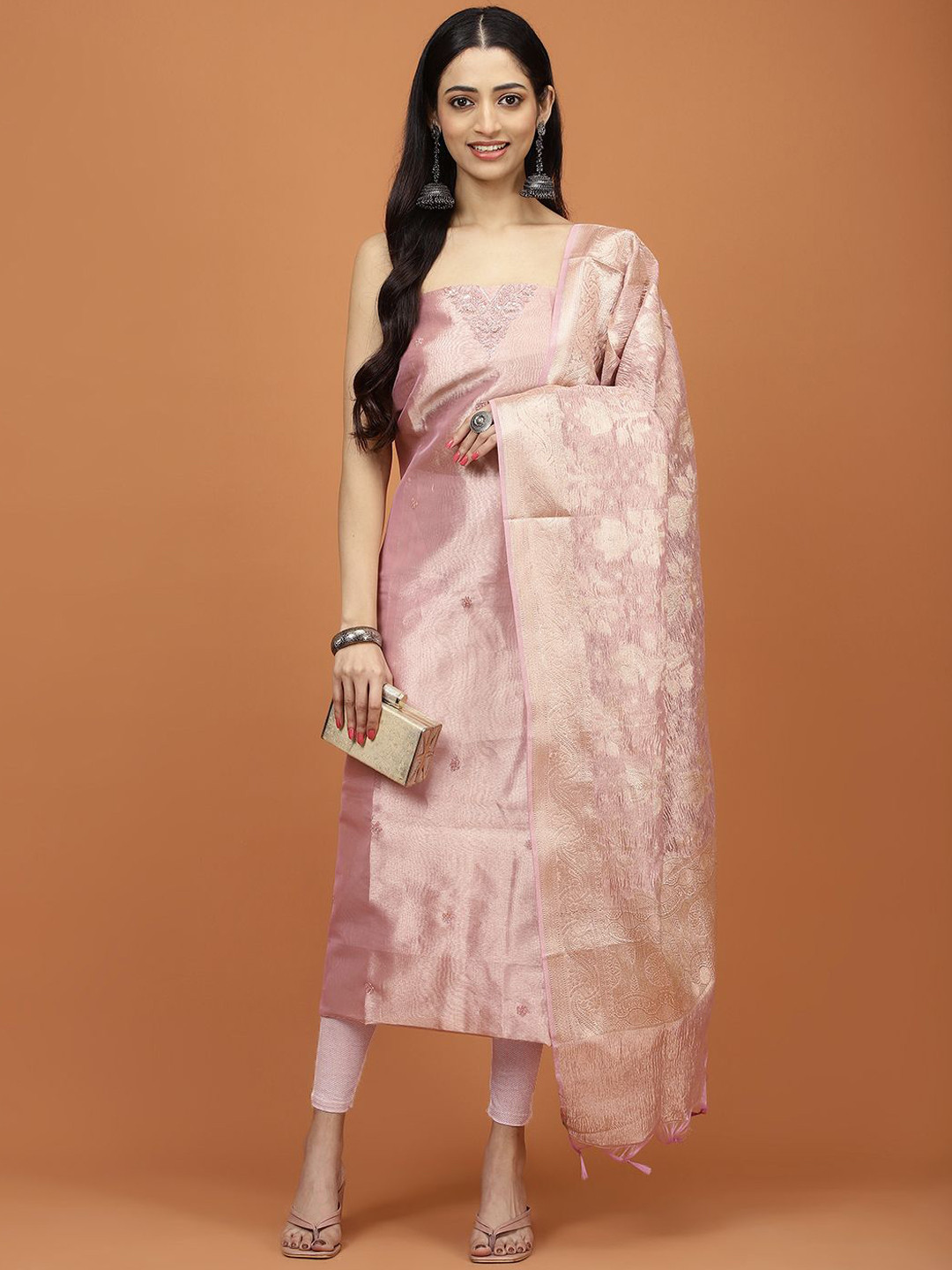 

Meena Bazaar Embroidered Sequinned Tissue Unstitched Dress Material, Pink