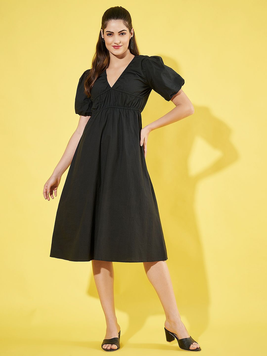 

ANVI Be Yourself Women Cotton Puff Sleeve Empire Midi Dress, Black