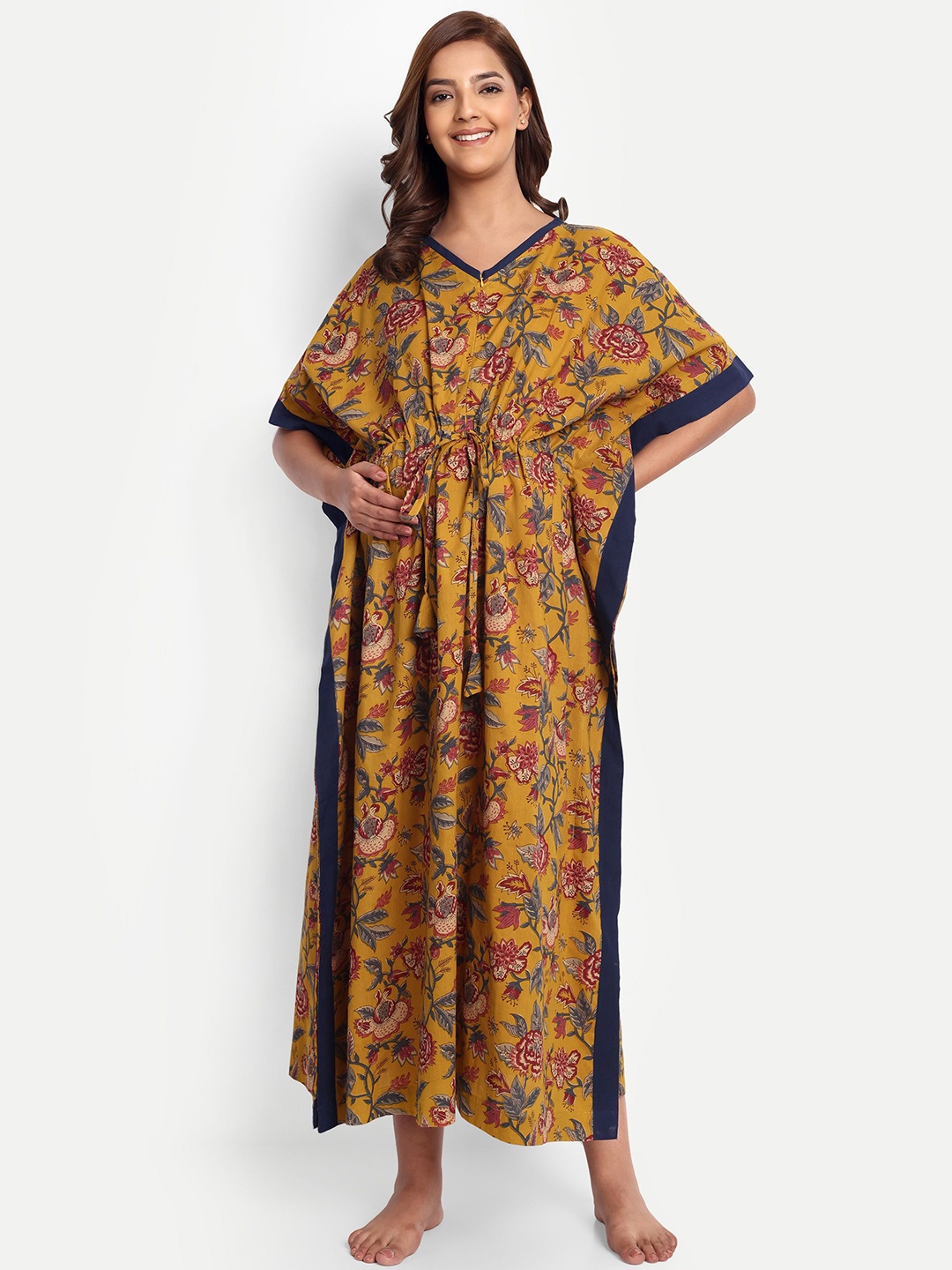 

THOTTIL Women Floral Printed Kimono Sleeve Maternity Cotton Kaftan Maxi Dress, Yellow