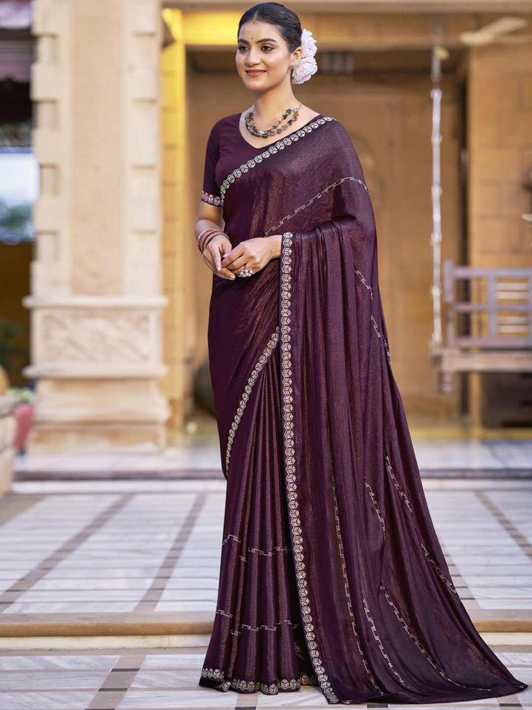 

Stylee LIFESTYLE Chiffon Embellished Saree, Burgundy