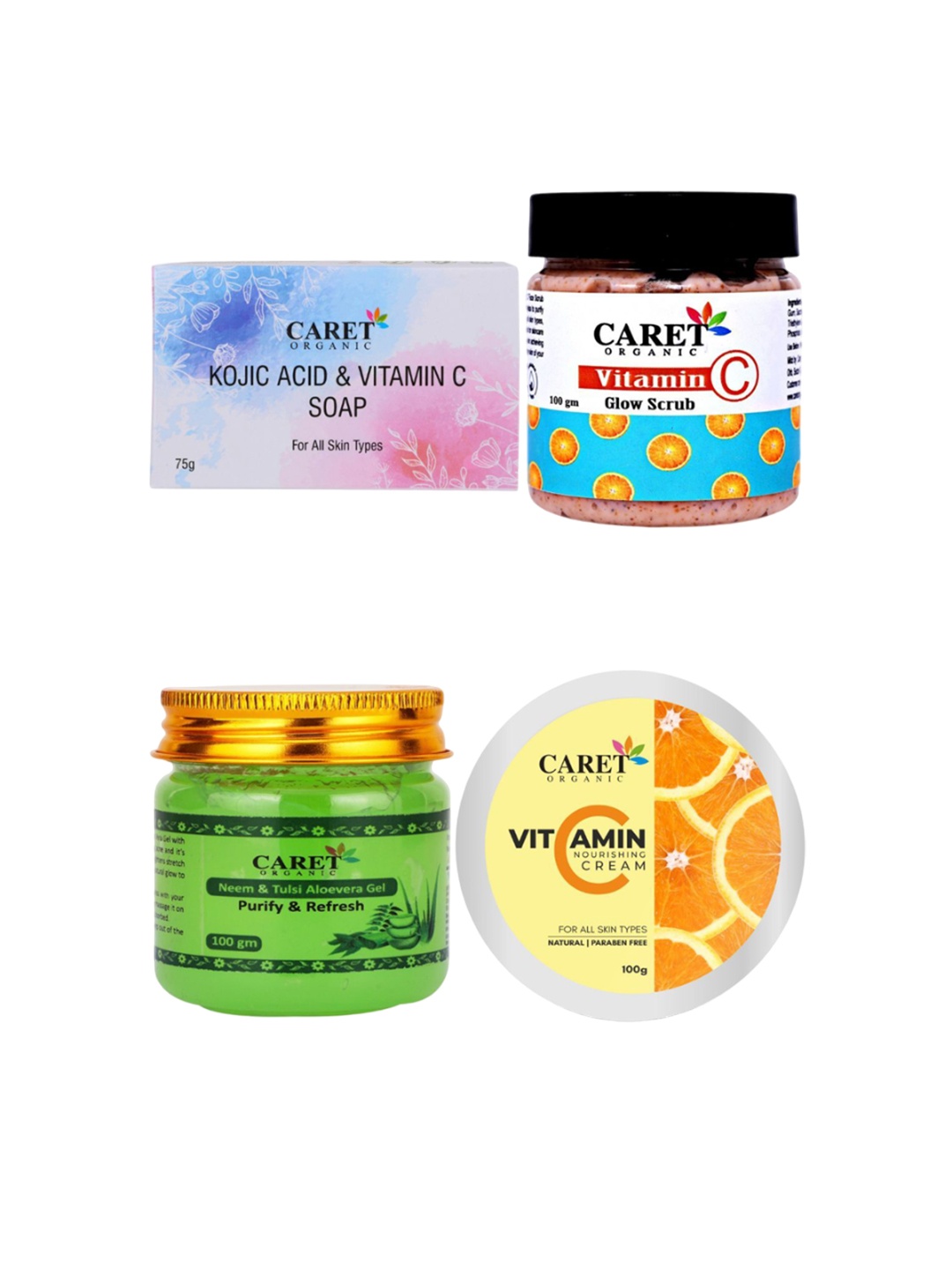 

CARET ORGANIC Set Of 4 Kojic Acid Soap- 75 g- Scrub- 100 g- Neem Gel-100 g & Cream- 100 g, White