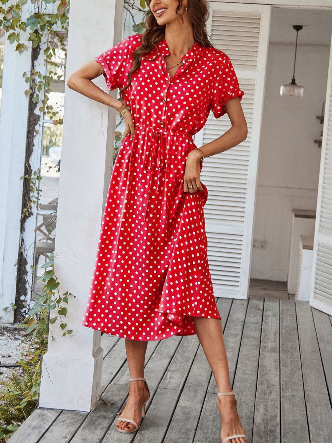 

StyleCast Women Polka Dot Printed Fit and Flare Midi Dress, Red