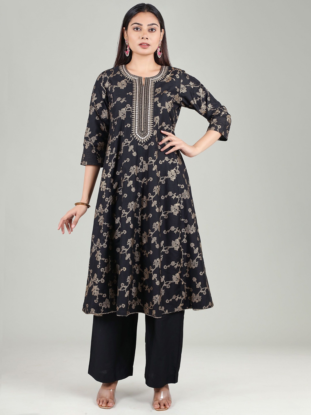 

COTTON CULTURE Embroidered With Printed A-Line Kurta With Trousers Co-ords, Black