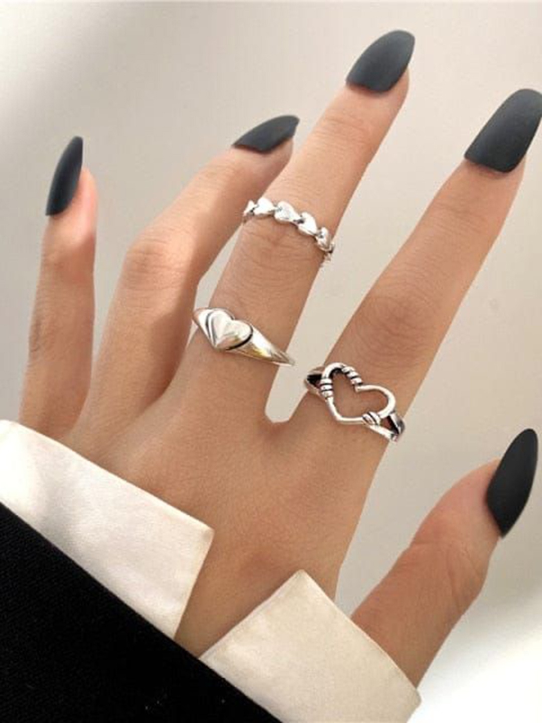 

YU FASHIONS Set Of 3 Silver-Plated Stainless Steel Finger Rings