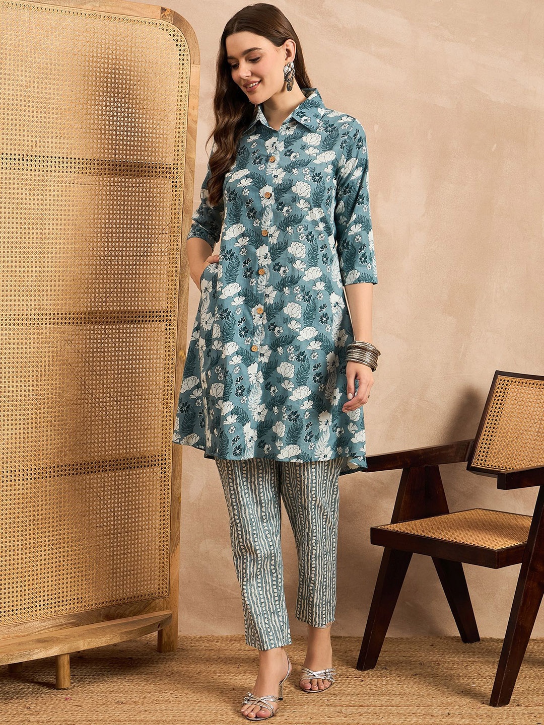 

ANEKYA Printed Pure Cotton Tunic With Trousers, Blue