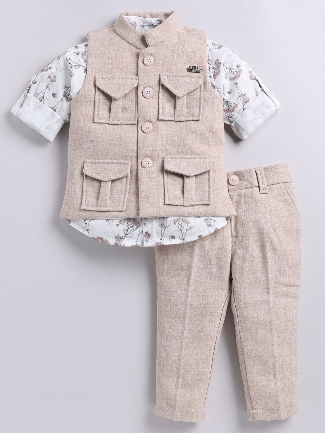 

LITTLE COLLARS Boys Printed Mandarin Collar 3 Piece Suit, Beige