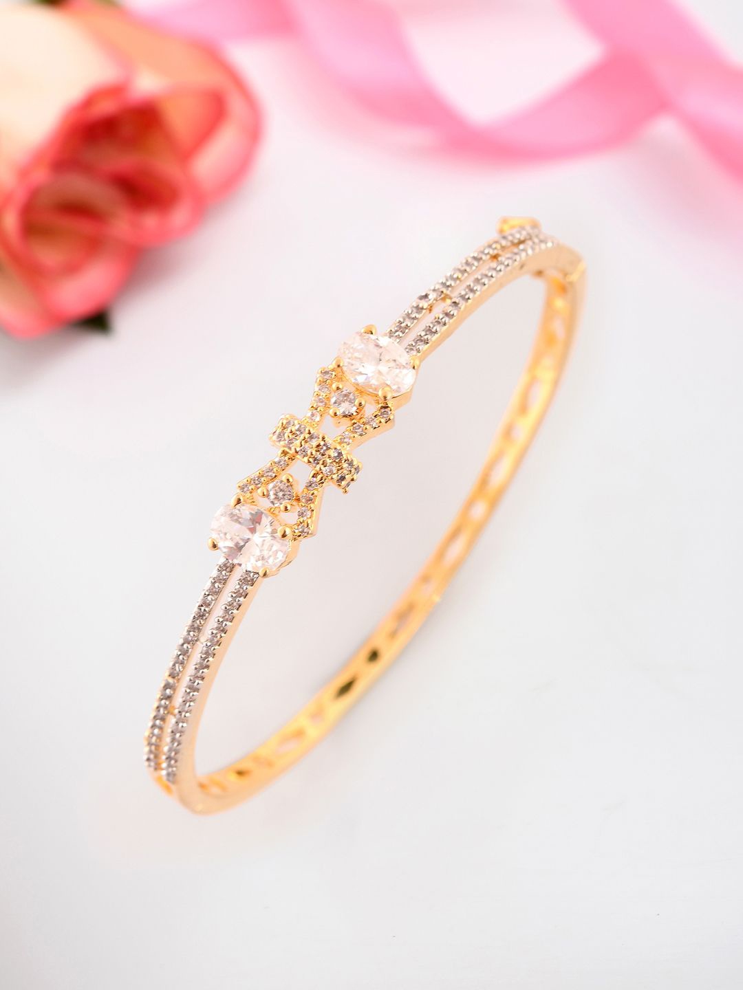 

Voylla Gold-Plated Festive Charm American Diamond Stone Studded Cuff Bracelet