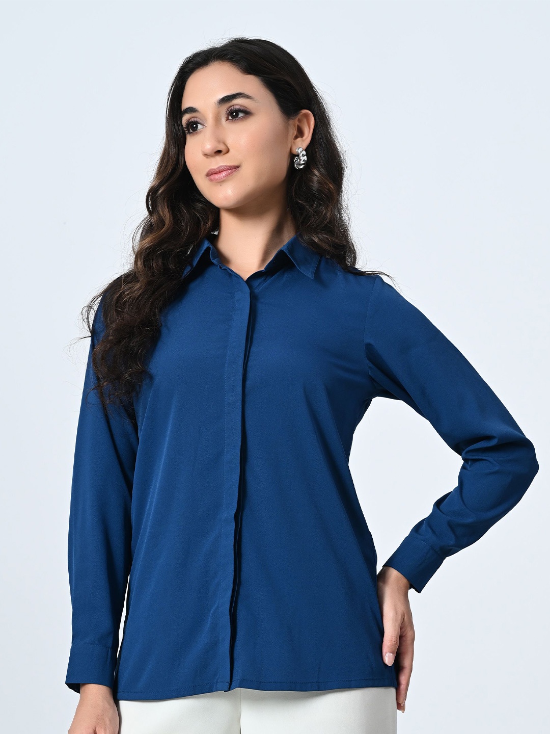 

BAESD Women Standard Spread Collar Solid Casual Shirt, Blue