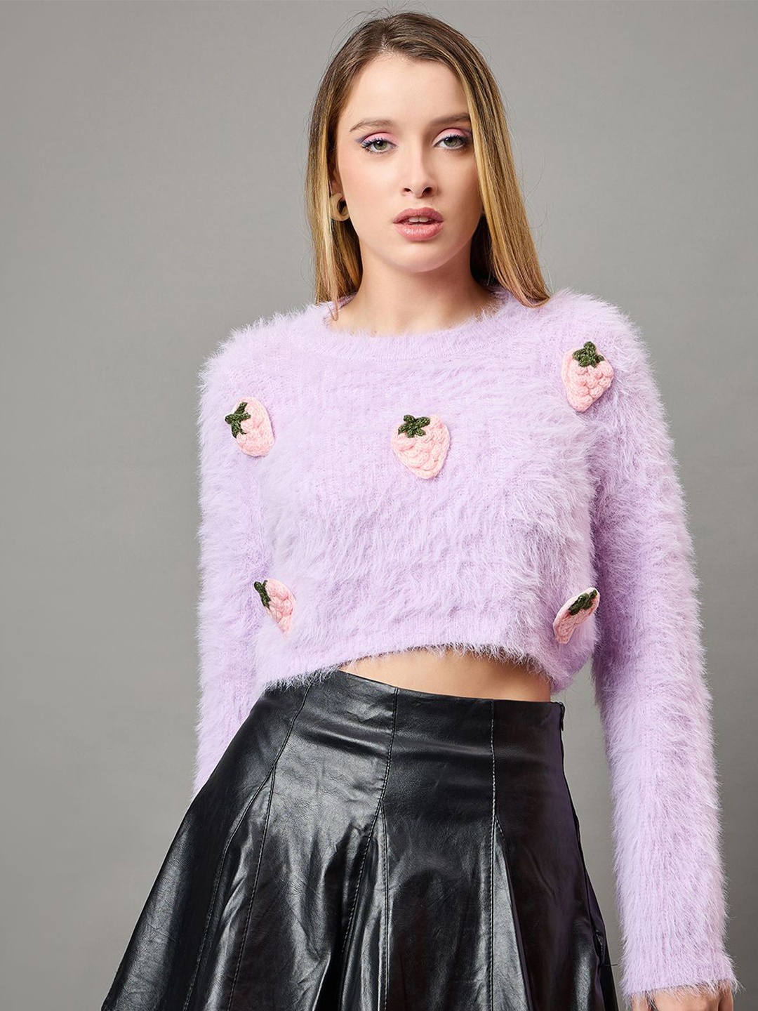 

KASMA Women Boucle Woollen Crop Pullover, Purple