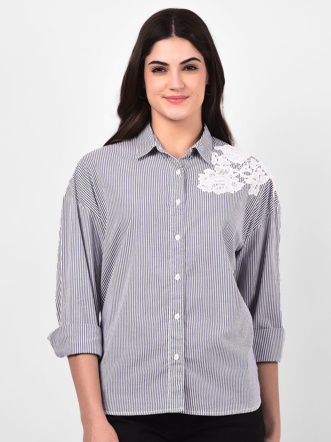 

Numero Uno Women Spread Collar Vertical Striped Cotton Casual Shirt, White