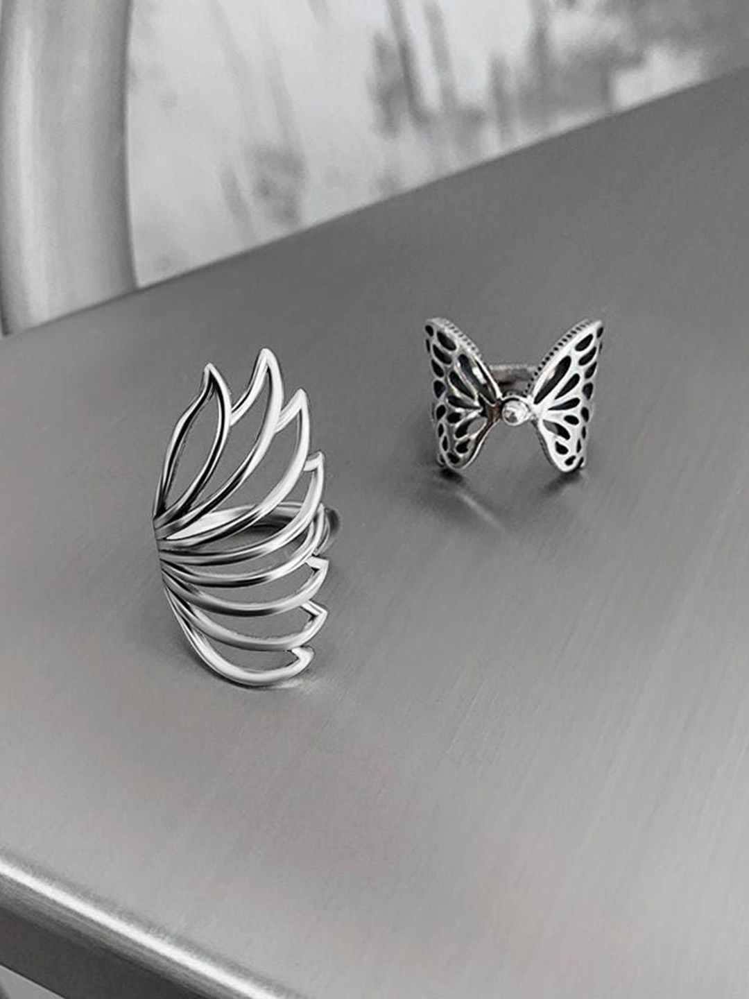 

YU FASHIONS Set Of 2 Silver-Plated Boho wing Butterfly Finger-Ring